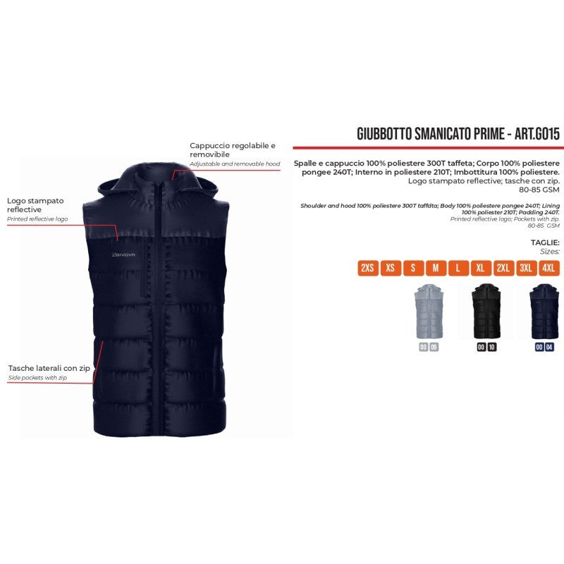 Giubbotto Smanicato Givova Prime G015 Piumino con Cappuccio Unisex Nero G0150010