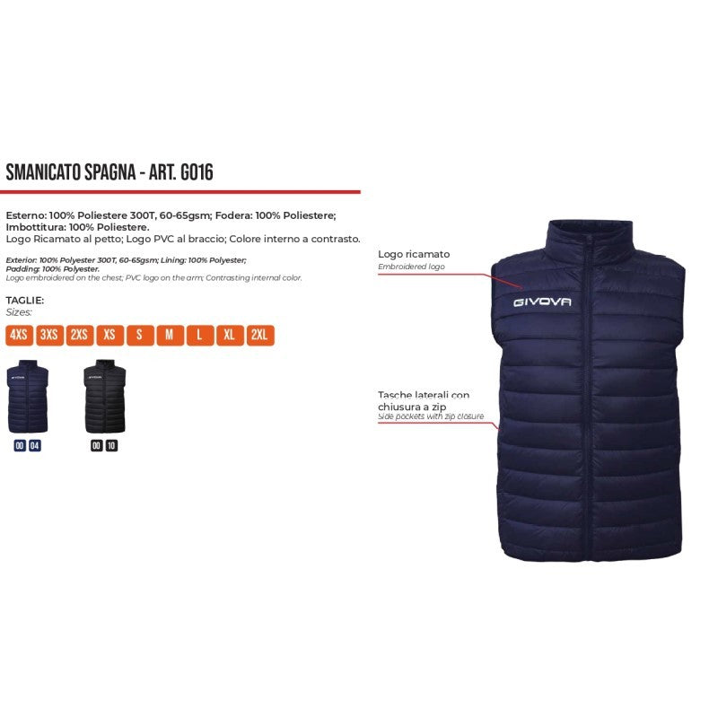 Giubbotto Smanicato SPAGNA Givova G016 Piumino Imbottito Nero G0160010