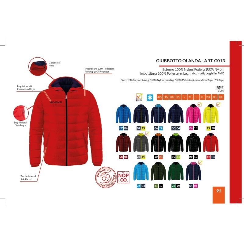 Giubbotto Givova Olanda G013 Piumino Adulto Unisex Nero Arancio Fluo G0131028