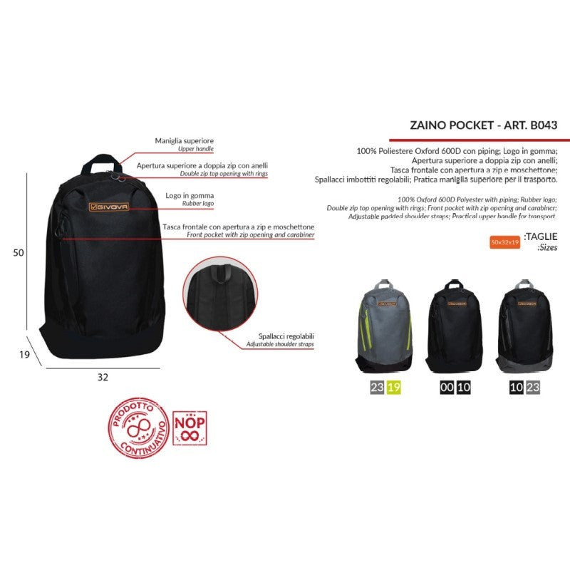 Zaino Pocket Givova B043 Multitasche Sport Grigio Scuro Giallo Fluo B0432319