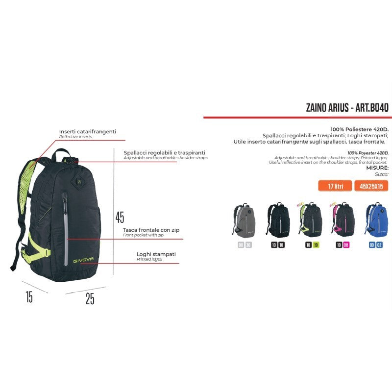 Zaino Arius Givova B040 Unisex Multitasche Nero Giallo Fluo B0401019