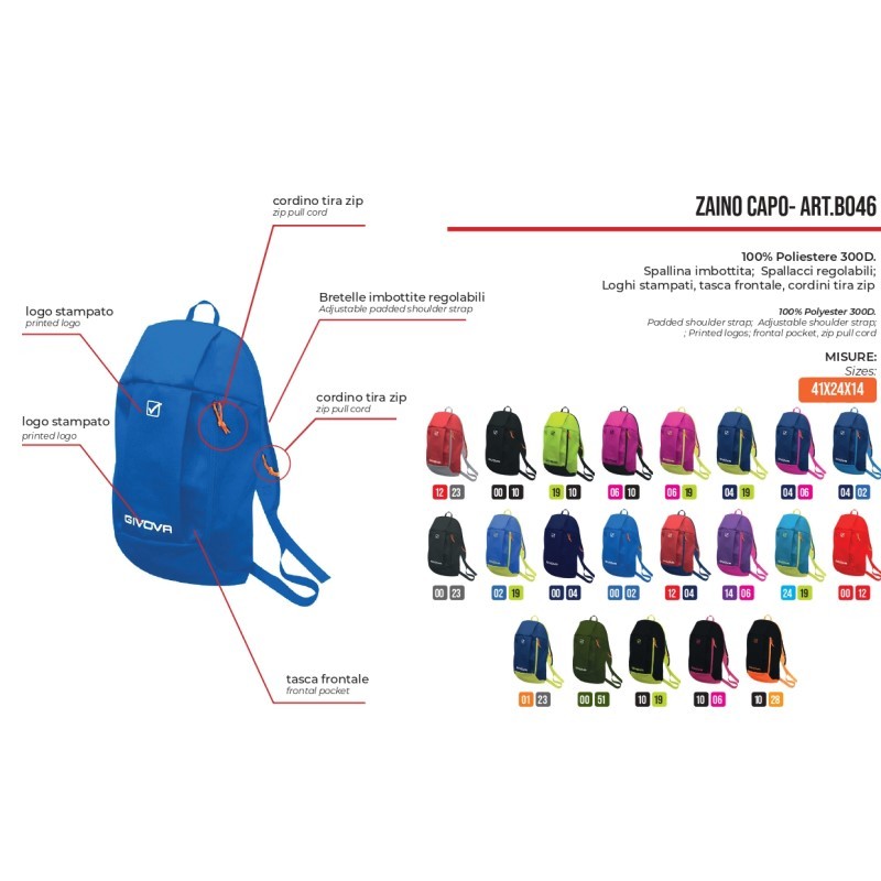 Zaino Capo Givova B046 Unisex Poliestere Blu 24x14x41cm B0460404